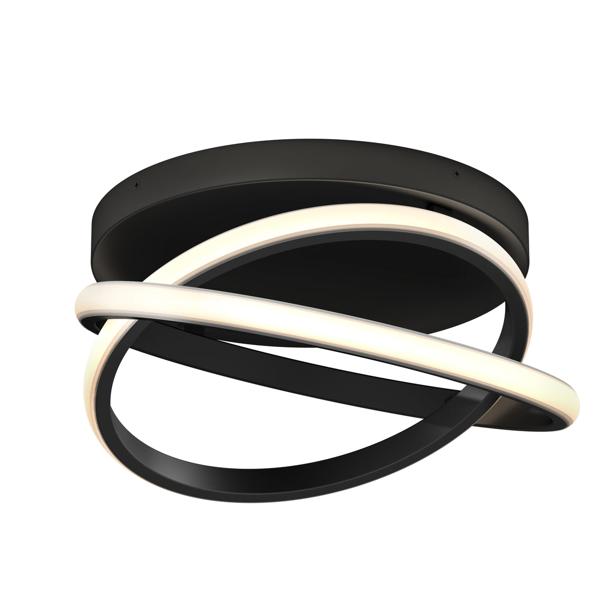 A modern ceiling light fixture with a black circular base and two intertwined LED light rings, one illuminated in white and the other black, creating a sleek, contemporary design.