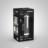 Black and gray packaging for an Artika Linea LED wall light, featuring an image of the light fixture, product features, installation photos, and icons highlighting a 3-year warranty and 50,000-hour lifespan.