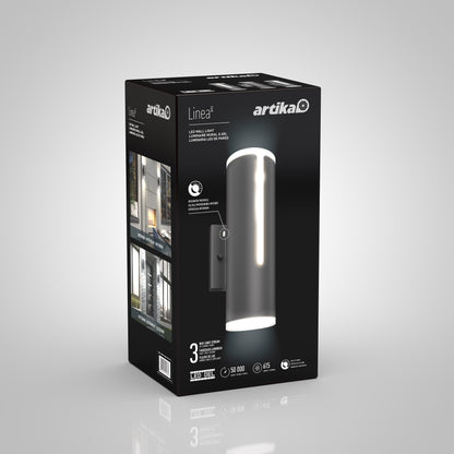 A black box features the Artika Linea modern indoor-outdoor LED wall light, showing its cylindrical design, product name, specs, and photos of the fixture installed on exterior walls.