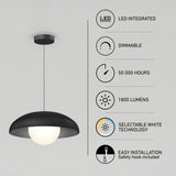Black pendant LED light with a glowing bulb, shown next to icons and text highlighting features: LED integrated, dimmable, 50,000 hours, 1800 lumens, selectable white technology, and easy installation.
