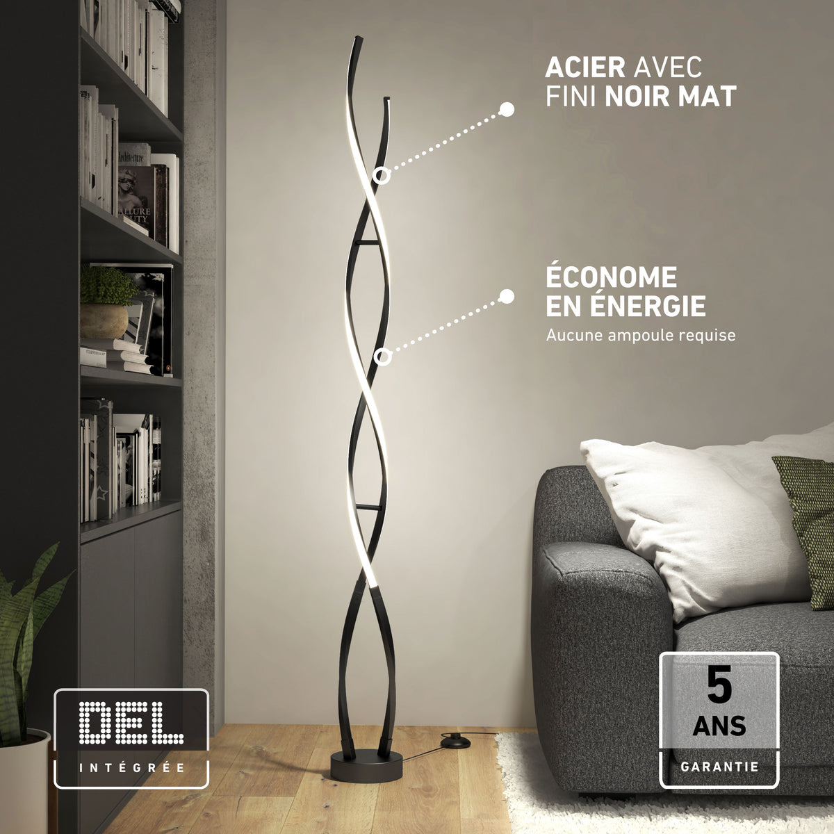 The Artika Swirl modern LED floor lamp offers efficient lighting, a 5-year warranty, and a twist design—perfect next to your gray couch.