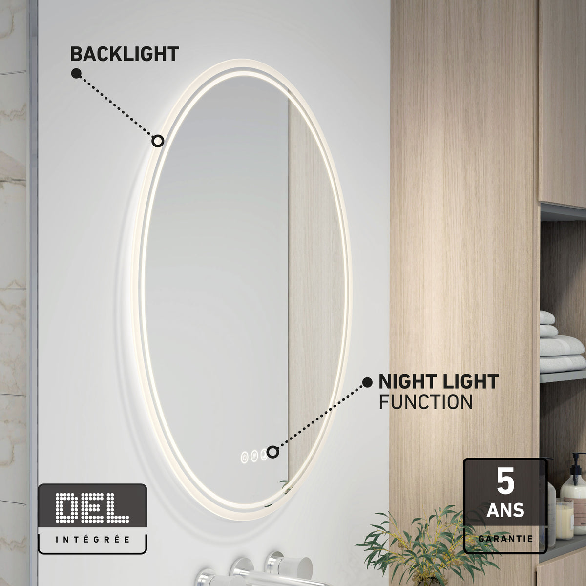 Artika Corby 22″x28″ LED mirror, 3 CCT & defogger, night light; shown in modern bath. French 5-year warranty label included.