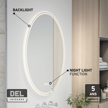 Artika Corby 22″x28″ LED mirror, 3 CCT & defogger, night light; shown in modern bath. French 5-year warranty label included.