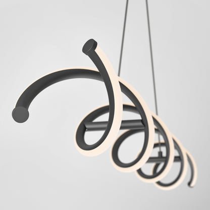 The Artika-CAN-dev DNA Linear LED modern pendant light showcases intertwined black and white LED tubes with integrated LEDs, suspended by thin cables against a plain white background.