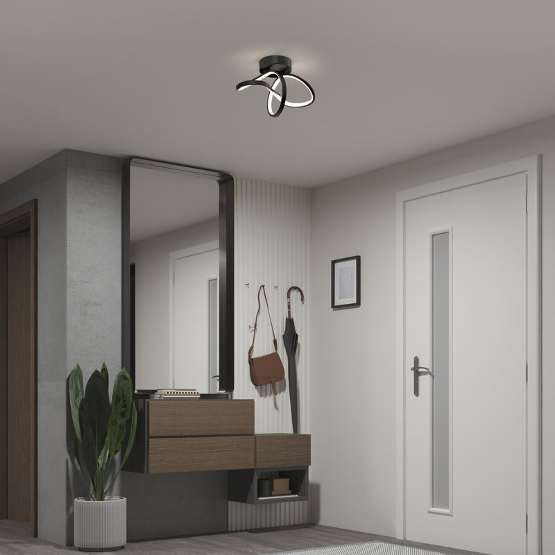 Modern hallway with Artika’s Loop LED flush mount light, wall mirror, floating drawers, umbrella stand, and potted plant.