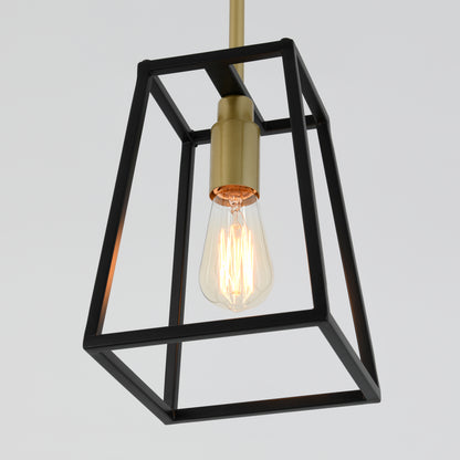 The Artika Carter 1-light pendant features a modern exposed Edison bulb set in a black geometric metal frame with a gold socket and hanging rod, shown against a plain light background.