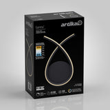 A black Artika box for the Gamma LED wall light, featuring a loop-shaped light design on the front, product features, and technical details in white and gold text.