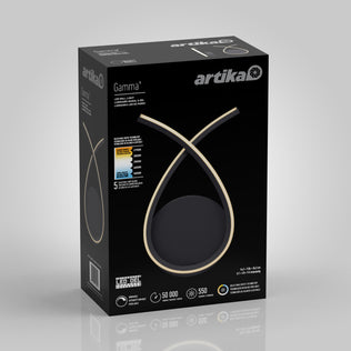 A black Artika box displays the Gamma modern LED wall sconce 5 CCT, featuring an image of its gold, loop-shaped design. The packaging highlights a 50,000-hour lifespan and 550 lumens.