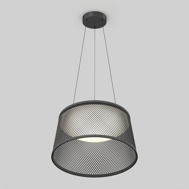 The Artika Adrian LED pendant light 3 CCT features a cylindrical mesh metal shade suspended by three slim cables from a round ceiling mount, casting a gentle glow against a light gray background.