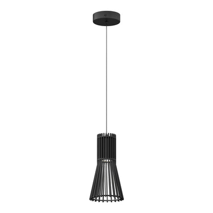 The Artika Kiyo modern LED pendant 3 CCT features a black cylindrical top, flared bottom with vertical slats, and hangs from a slim black cord on a round ceiling mount for contemporary style.