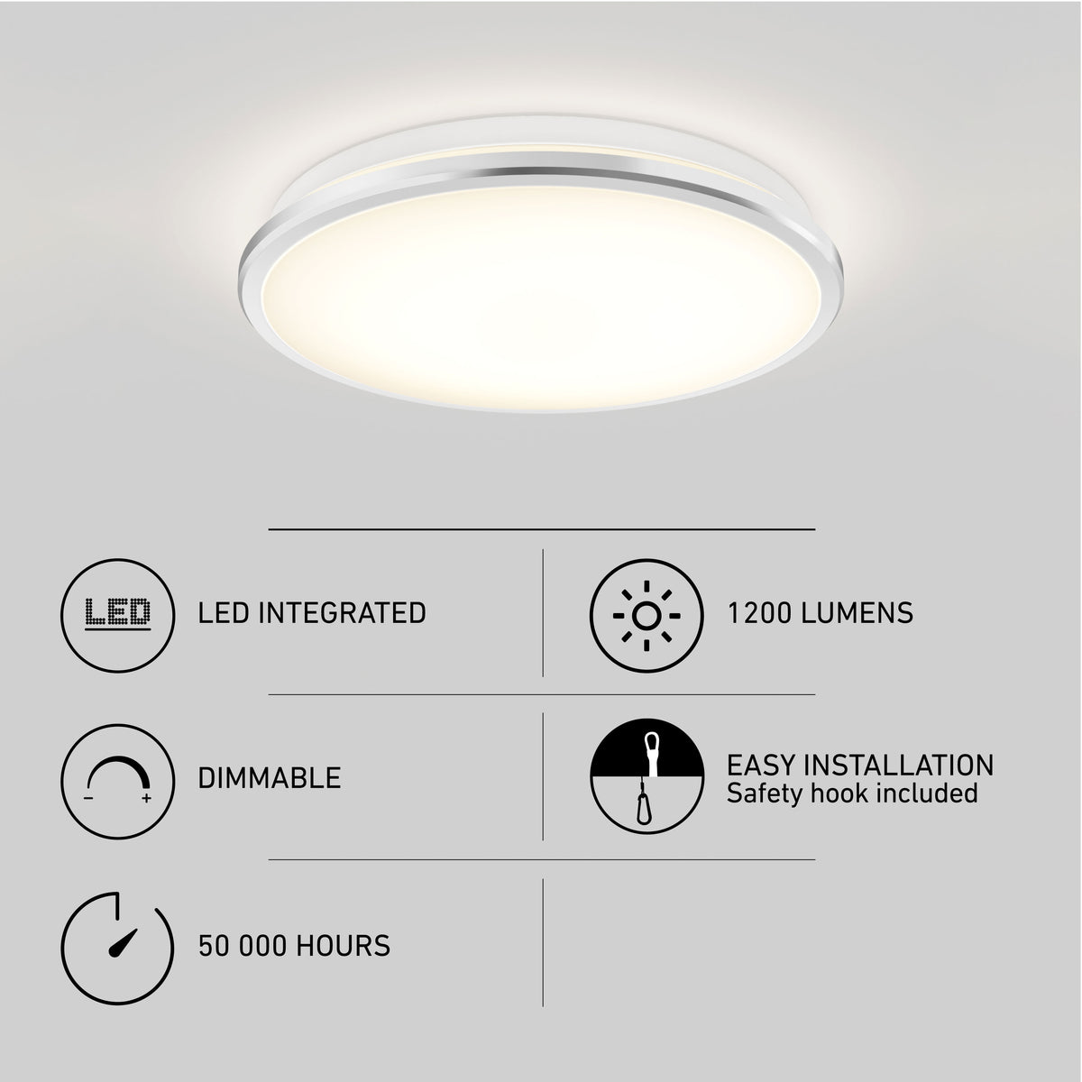 Round ceiling LED light fixture emits soft white glow. Features listed: LED integrated, 1200 lumens, dimmable, 50,000-hour lifespan, and easy installation with a safety hook included. Minimalist design on a white background.