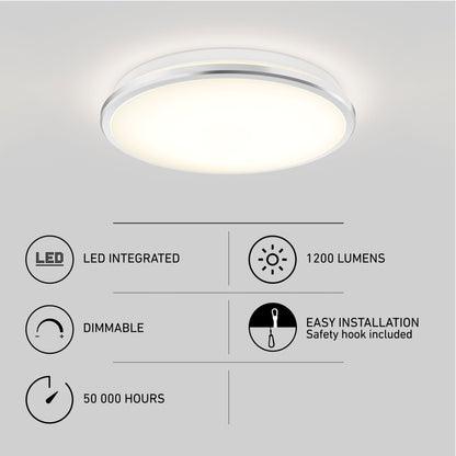The Artika-CAN-dev Vera 13 in. LED modern flush mount light glows on a white ceiling with matte black trim, integrated LED, 1200 lumens, dimmable with LED dimmers, 50,000-hour lifespan, and easy installation via safety hook.
