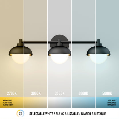 The Artika Boden LED mid-century bathroom vanity light 5 CCT is a wall-mounted fixture offering five white light settings, from warm 2700K to cool 5000K, each with labeled color temperatures and tones from yellow to blue.
