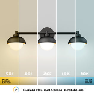 The Artika Boden 27-in Integrated LED 5-CCT Vanity Light Bar for Bathroom is shown in five white light settings (2700K to 5000K), highlighting its adjustable colour temperature—ideal for all your bathroom lighting needs.