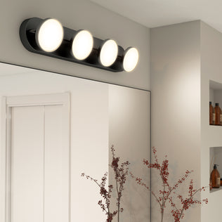 The Santori 27-in LED Vanity Light by Artika adds a sleek touch above the mirror in this modern bathroom.