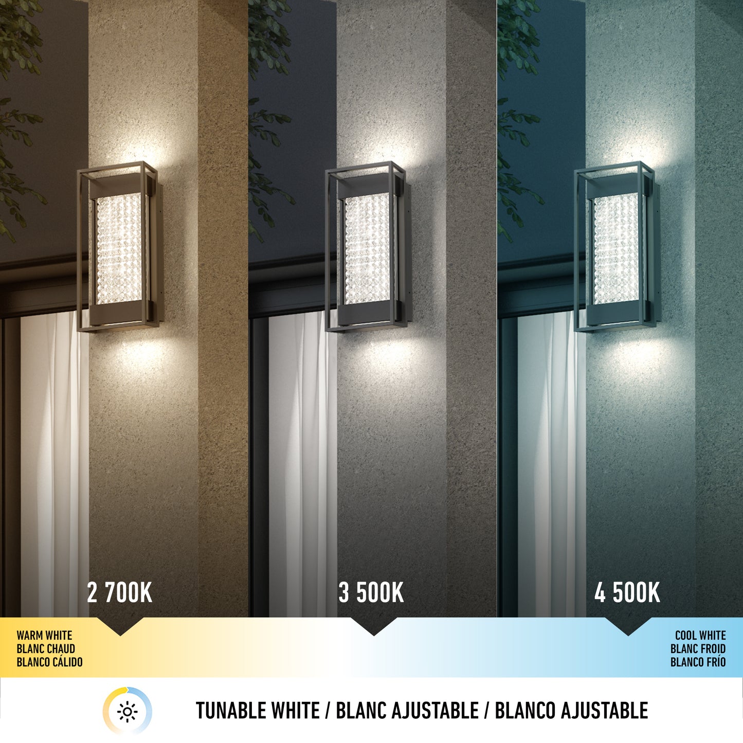 The Artika Glam indoor-outdoor LED wall light is displayed in three color temperatures—warm white (2700K), neutral white (3500K), and cool white (4500K)—each casting unique lighting effects on the wall.