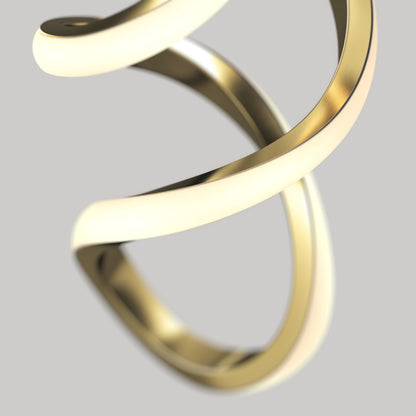A close-up of two intertwined, smooth gold bands set against a plain light gray background. The bands curve elegantly, reflecting light and creating a modern, minimalist appearance.