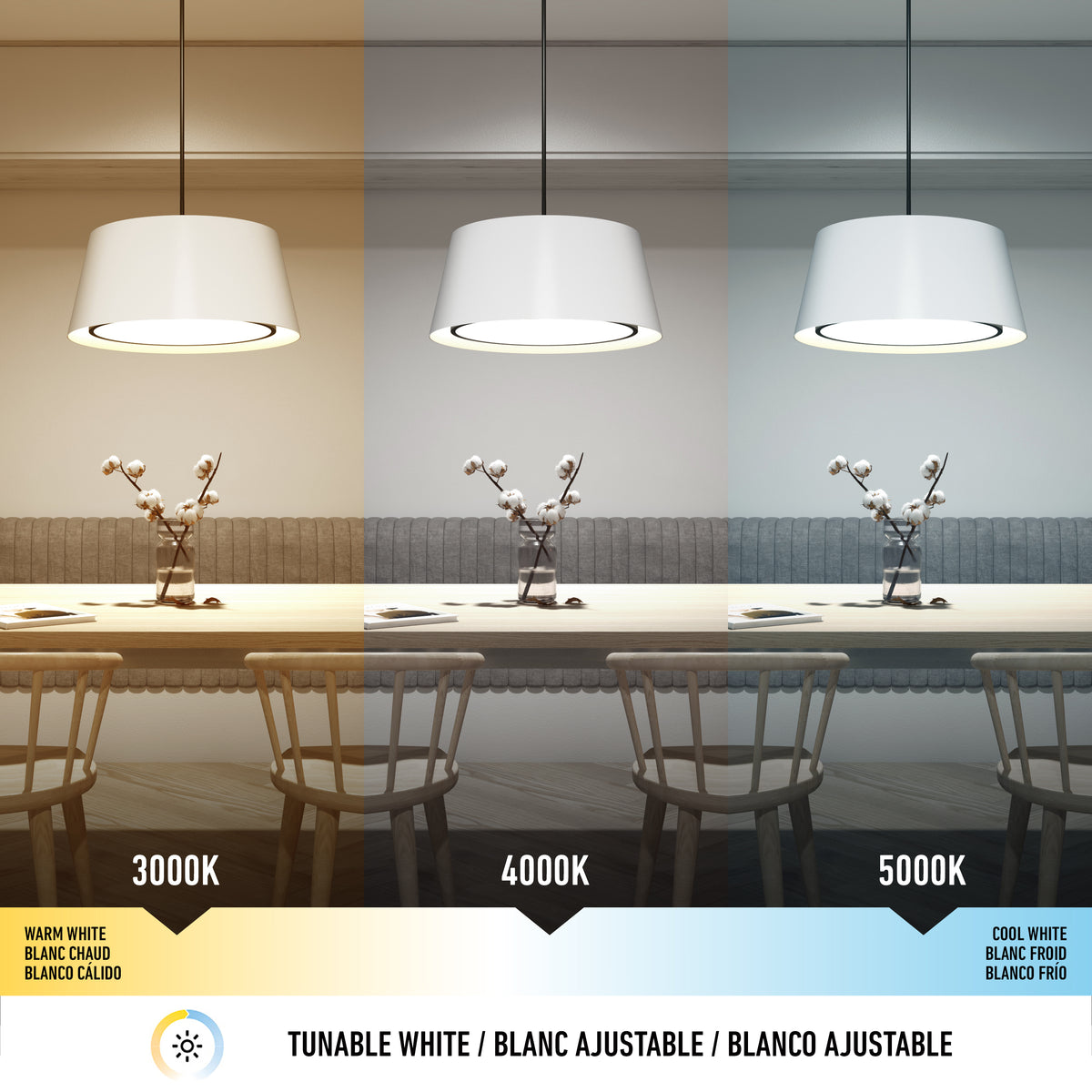 A dining area lit by three pendant lamps, each showing different white light temperatures: warm white (3000K), neutral white (4000K), and cool white (5000K), with a color temperature scale at the bottom.