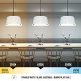 A dining area lit by three pendant lamps, each showing different white light temperatures: warm white (3000K), neutral white (4000K), and cool white (5000K), with a color temperature scale at the bottom.
