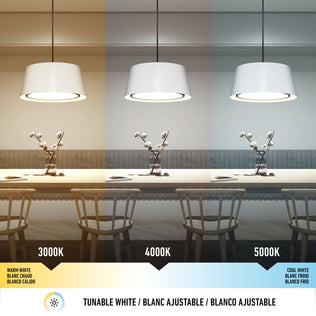 A dining room features the Artika Cappa LED pendant light 3 CCT, shown illuminating the space in three color temperatures: 3000K warm white, 4000K neutral white, and 5000K cool white, each creating unique ambiance.