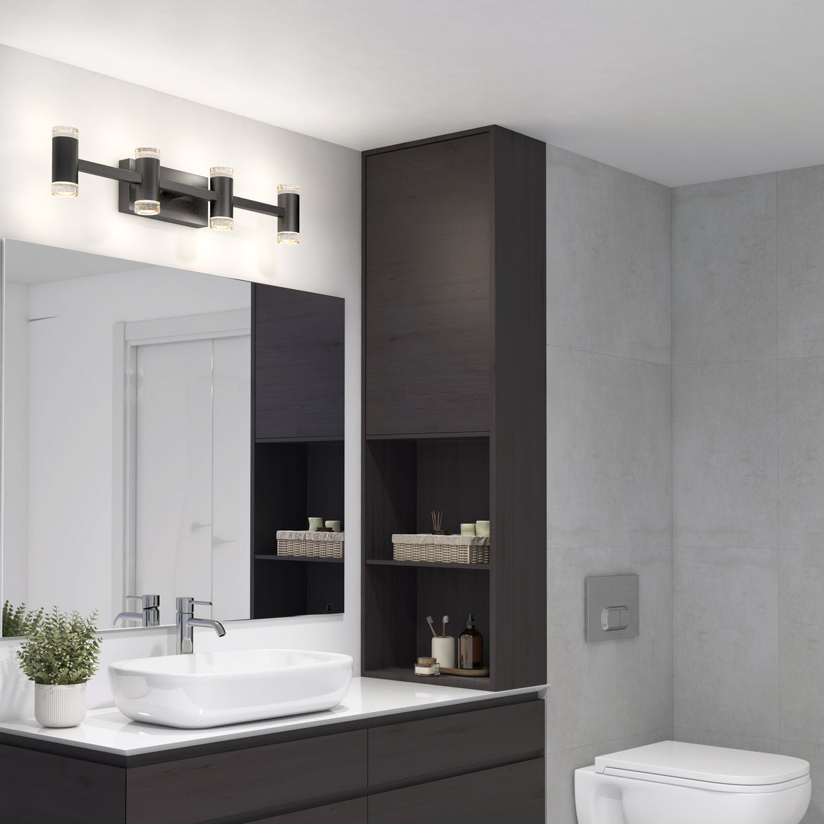 Modern bathroom with light gray walls, a rectangular mirror above a dark wood vanity and white vessel sink, potted plant, shelves with toiletries, wall-mounted toilet, and the Artika Mist 26-in Integrated LED 5-CCT Vanity Light Bar for perfect ambiance.