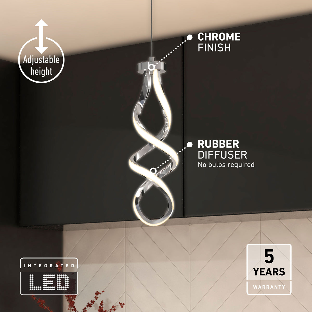 The Artika Mini Swirl LED pendant light features a twisted design, chrome finish, rubber diffuser, adjustable height, and integrated LED. No bulbs required. Includes a 5-year warranty—perfect for hanging over a kitchen counter.