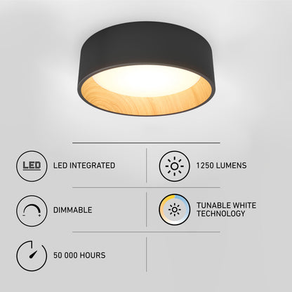 The Artika Alton LED flush mount features a modern black exterior with a wooden interior, 1250 lumens, tunable white tech, dimmable settings, and a 50,000-hour lifespan—perfect for versatile contemporary lighting.