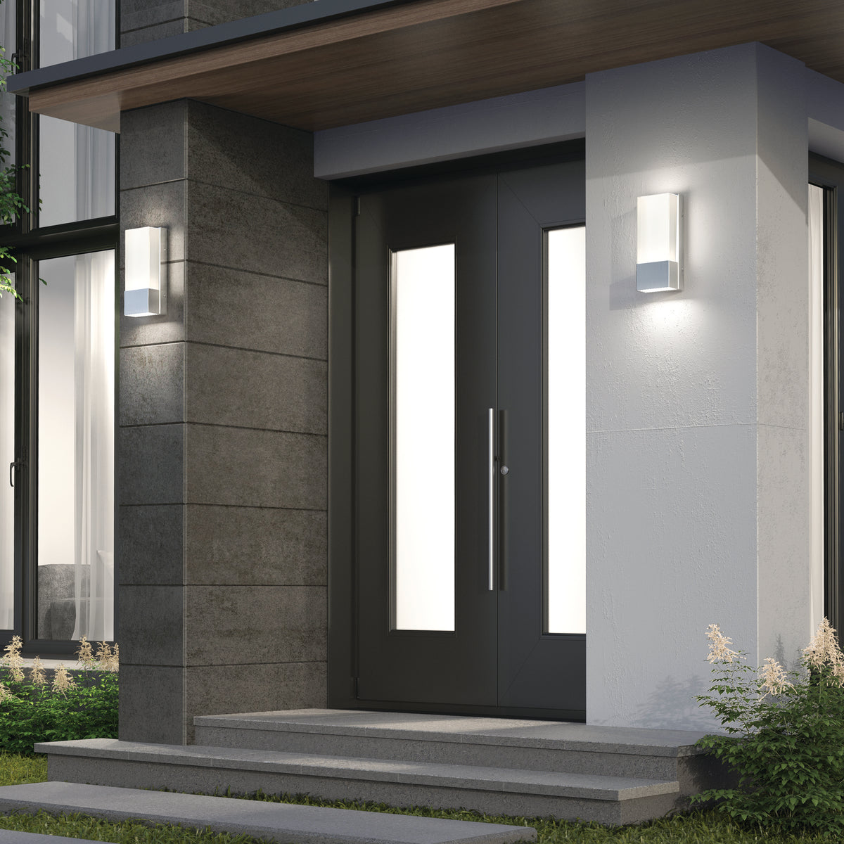 Modern front door with large vertical glass panels, gray siding, white walls, and small green plants along the steps. Two Artika Dixon indoor-outdoor LED wall lights add stylish contemporary lighting to this elegant entrance.