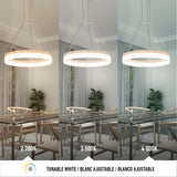 A modern dining room with a circular pendant light above a glass table is shown in three lighting tones: warm (2700K), neutral (3500K), and cool (4500K), illustrating tunable white lighting.