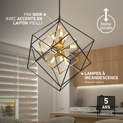 The Artika Imperium 9-light chandelier with black and gold accents and incandescent bulbs brightens this modern kitchen.