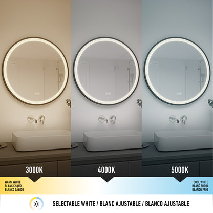 Three Mateo 28 in. LED mirrors by Artika feature 3 CCTs and defoggers, labeled warm, neutral, and cool color temperature settings.