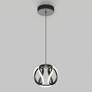 The Artika Vivaldi LED pendant light 3 CCT features a black circular ceiling mount and a twisted, ribbon-like LED fixture forming a spherical shape, suspended by a thin black cord against a light gray background.