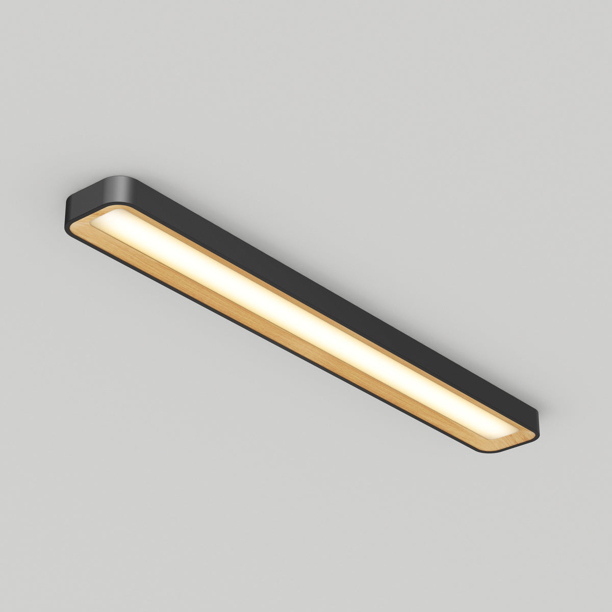 A modern, rectangular ceiling light fixture with a black frame, wooden trim, and a diffused white light panel, mounted on a plain light-colored ceiling.