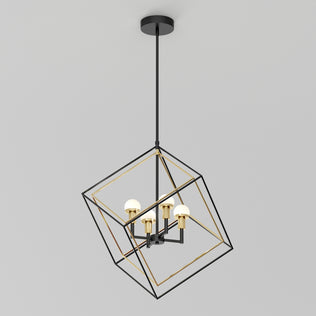 The Artika Peyton LED modern mid-century pendant light features a black and gold geometric cube frame with four exposed bulbs, suspended from the ceiling by a black rod.