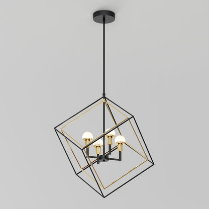 The Artika Peyton LED modern mid-century pendant light features a black and gold geometric cube frame with four exposed bulbs, suspended from the ceiling by a black rod.