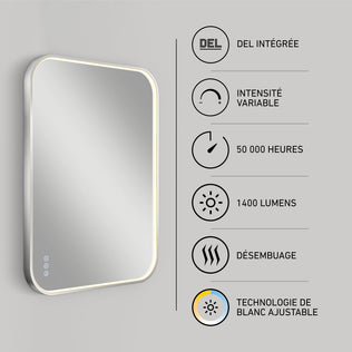 On the left: Artika Royce Dimmable LED Mirror (3 CCT, horizontal/vertical mount). On the right, icons and French text highlight features: integrated LED, dimmable, defogger, adjustable colour (3 CCT), 50,000 hrs, 1400 lumens.