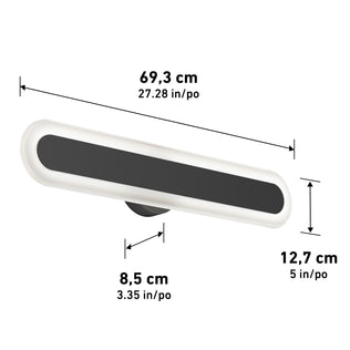 The Artika Pista modern LED bathroom vanity light 5 CCT features a rectangular wall-mounted design with rounded edges, white finish, and matte black center strip. Dimensions: 69.3 x 12.7 x 8.5 cm (27.28 x 5 x 3.35 in).