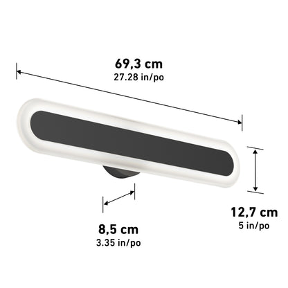The Artika Pista modern LED bathroom vanity light 5 CCT features a rectangular shape with rounded edges, is available in white and black, and measures 69.3 cm wide, 12.7 cm tall, and 8.5 cm deep.