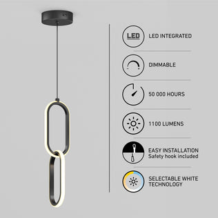 The Artika Catena LED pendant light features two interlocking oval rings, a circular ceiling mount, selectable white technology (5 CCT), 1100 lumens, dimmable LED (50,000 hours), and easy installation.