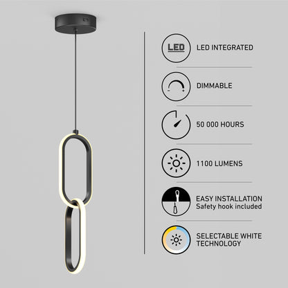 The Artika Catena LED pendant light features two interlocking oval rings, a circular ceiling mount, selectable white technology (5 CCT), 1100 lumens, dimmable LED (50,000 hours), and easy installation.