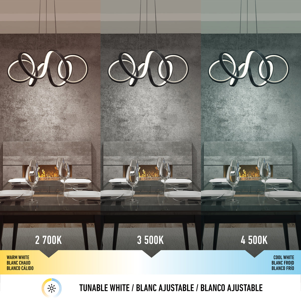A modern dining room with a sculptural ceiling light is shown in three lighting tones: warm white (2700K), neutral white (3500K), and cool white (4500K), illustrating the effects of tunable white lighting.