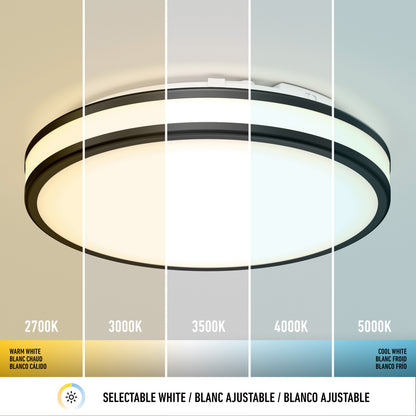 The Artika Hemisphere 15 in. LED flush mount light is shown in five sections, each with a selectable color temperature—2700K, 3000K, 3500K, 4000K, or 5000K—and features adjustable brightness and clear text labels.