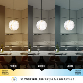 See a dining area illuminated by the Artika Selena LED contemporary pendant light 3 CCT at 3000K, 4000K, and 5000K, with labeled color temperatures and a selectable white icon.