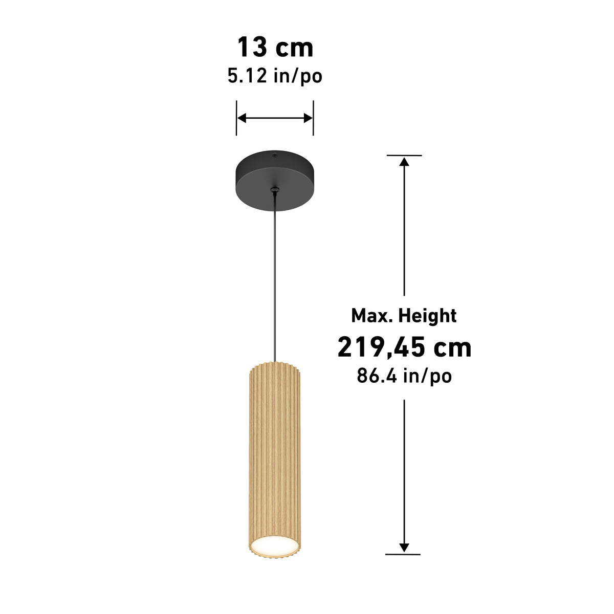 Pendant light with a round black ceiling mount and a cylindrical, ribbed beige shade; labeled dimensions: 13 cm (5.12 in) wide and maximum height of 219.45 cm (86.4 in).