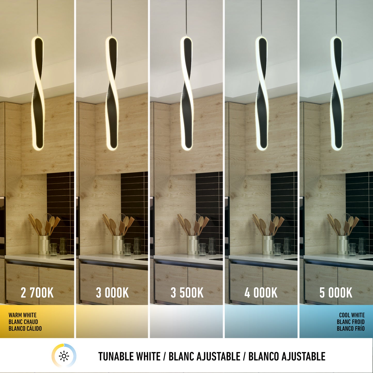 The Artika Finley modern LED pendant light 5 CCT is displayed in five panels, each showing a different white color temperature from warm (2700K) to cool (5000K), highlighting its versatile lighting ambiance.