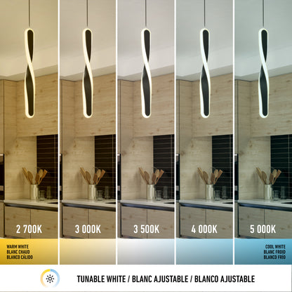 The Artika Finley modern LED pendant light 5 CCT is displayed in five panels, each showing a different white color temperature from warm (2700K) to cool (5000K), highlighting its versatile lighting ambiance.