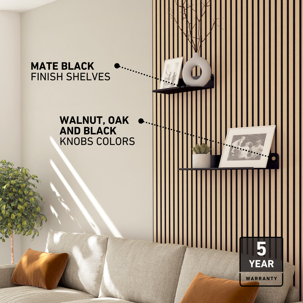 Modern living room with a beige sofa, cushions, potted plant, and two matte black wall shelves on a striped accent wall; text highlights shelf and knob color options, and a 5-year warranty badge.