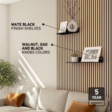 Modern living room with a beige sofa, cushions, potted plant, and two matte black wall shelves on a striped accent wall; text highlights shelf and knob color options, and a 5-year warranty badge.
