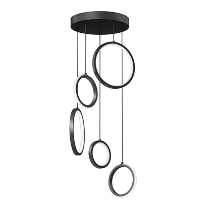 The Artika Elmo 5-light LED pendant features five circular LED rings in varying sizes, suspended at different lengths from a round base for a modern black ceiling fixture.