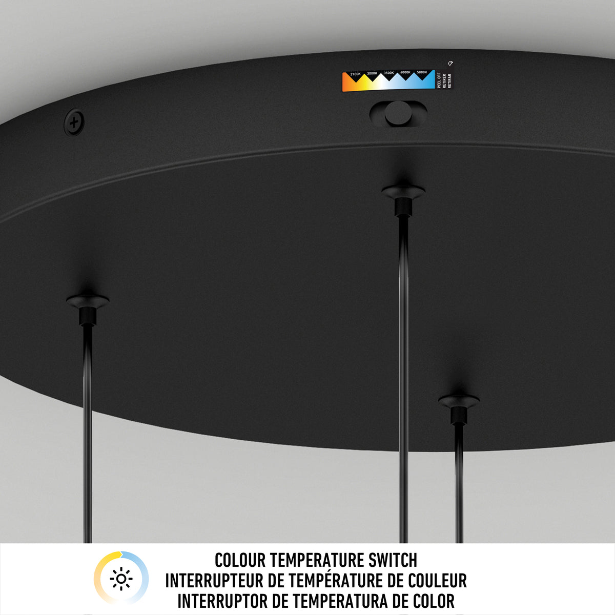Close-up of a ceiling-mounted light fixture with a color temperature switch. The switch displays a range of color temperatures, and three cables hang down from the fixture. Text below describes the color temperature switch in three languages.